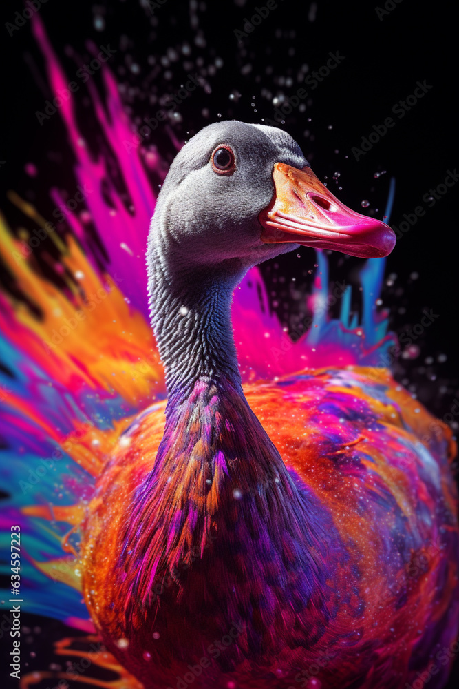 Poster an abstract surreal photograph of a goose splashed in bright paint, contemporary colors and mood soc