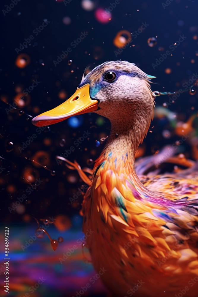Aufkleber an abstract surreal photograph of a duck splashed in bright paint, contemporary colors and mood soci