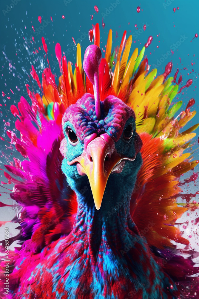 Aufkleber an abstract surreal photograph of a turkey splashed in bright paint, contemporary colors and mood so