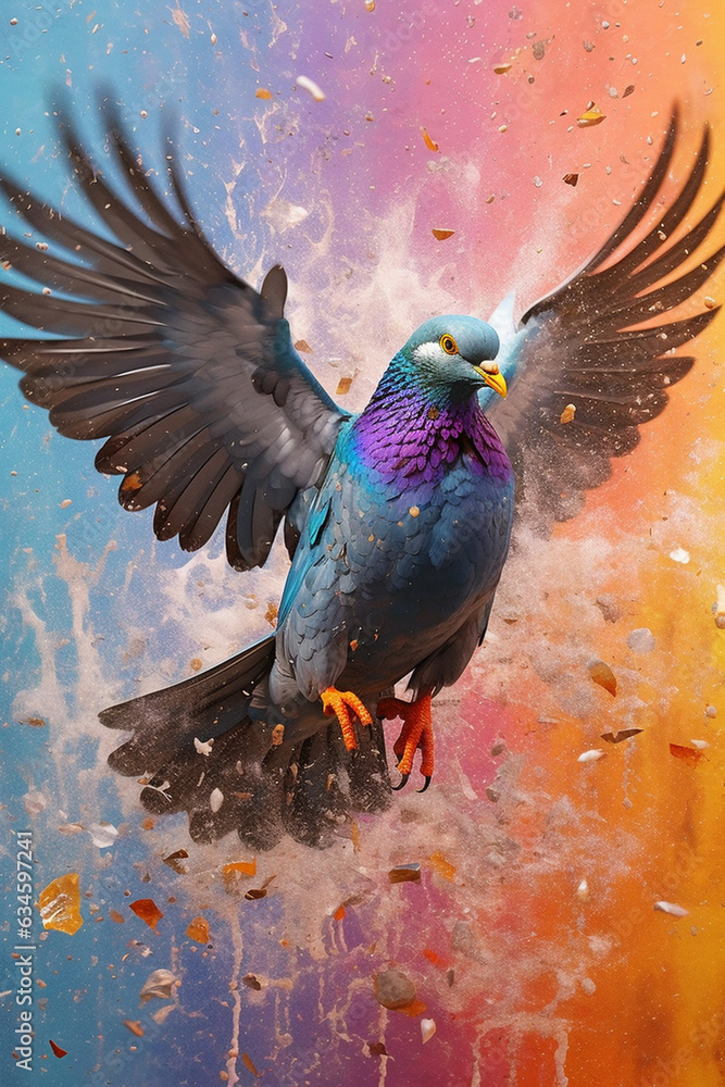 Poster an abstract surreal photograph of a pigeon splashed in bright paint, contemporary colors and mood so