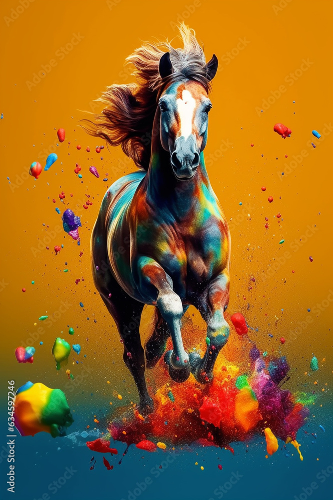Poster an abstract surreal photograph of a pony splashed in bright paint, contemporary colors and mood soci