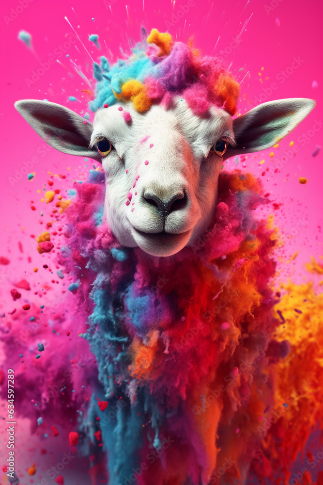 Poster an abstract surreal photograph of a sheep splashed in bright paint, contemporary colors and mood soc