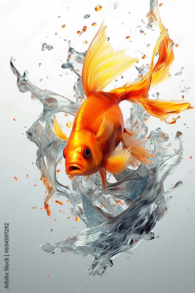 Poster an abstract surreal photograph of a goldfish splashed in bright paint, contemporary colors and mood 