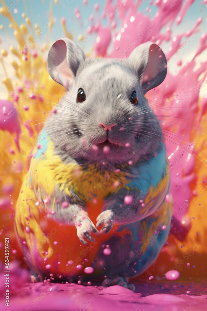 Poster an abstract surreal photograph of a chinchilla splashed in bright paint, contemporary colors and moo
