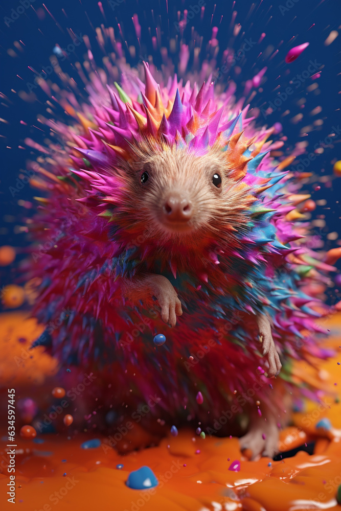 Poster an abstract surreal photograph of a hedgehog splashed in bright paint, contemporary colors and mood 