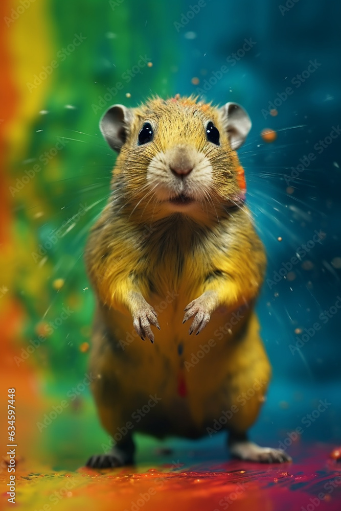 Poster an abstract surreal photograph of a gerbil splashed in bright paint, contemporary colors and mood so
