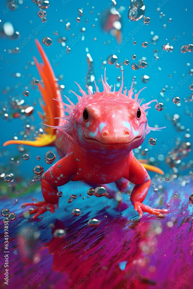 Poster an abstract surreal photograph of a axolotl splashed in bright paint, contemporary colors and mood s