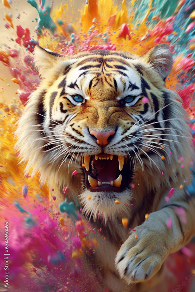 Poster an abstract surreal photograph of a tiger splashed in bright paint, contemporary colors and mood soc