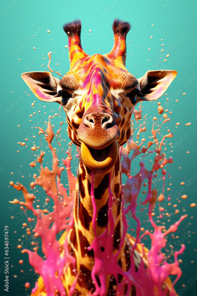 Aufkleber An abstract surreal photograph of a Giraffe splashed in bright paint, contemporary colors and mood social background.  Generative AI technology.