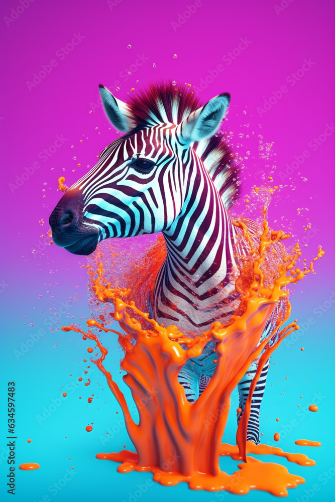 Poster an abstract surreal photograph of a zebra splashed in bright paint, contemporary colors and mood soc