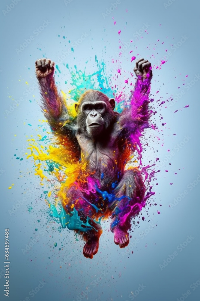 Aufkleber an abstract surreal photograph of a monkey splashed in bright paint, contemporary colors and mood so