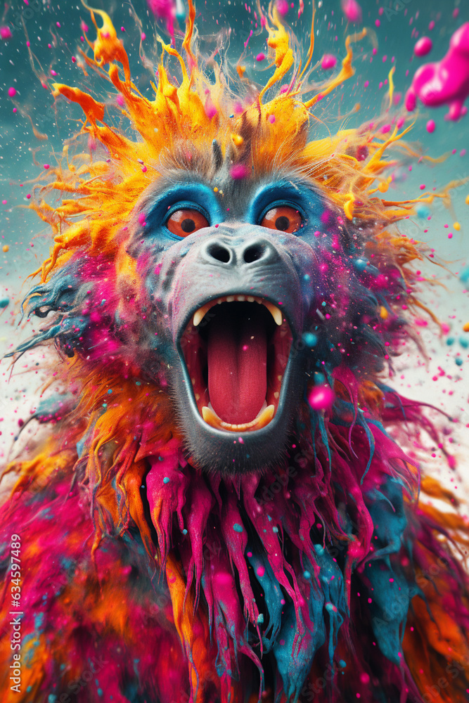 Poster an abstract surreal photograph of a monkey splashed in bright paint, contemporary colors and mood so