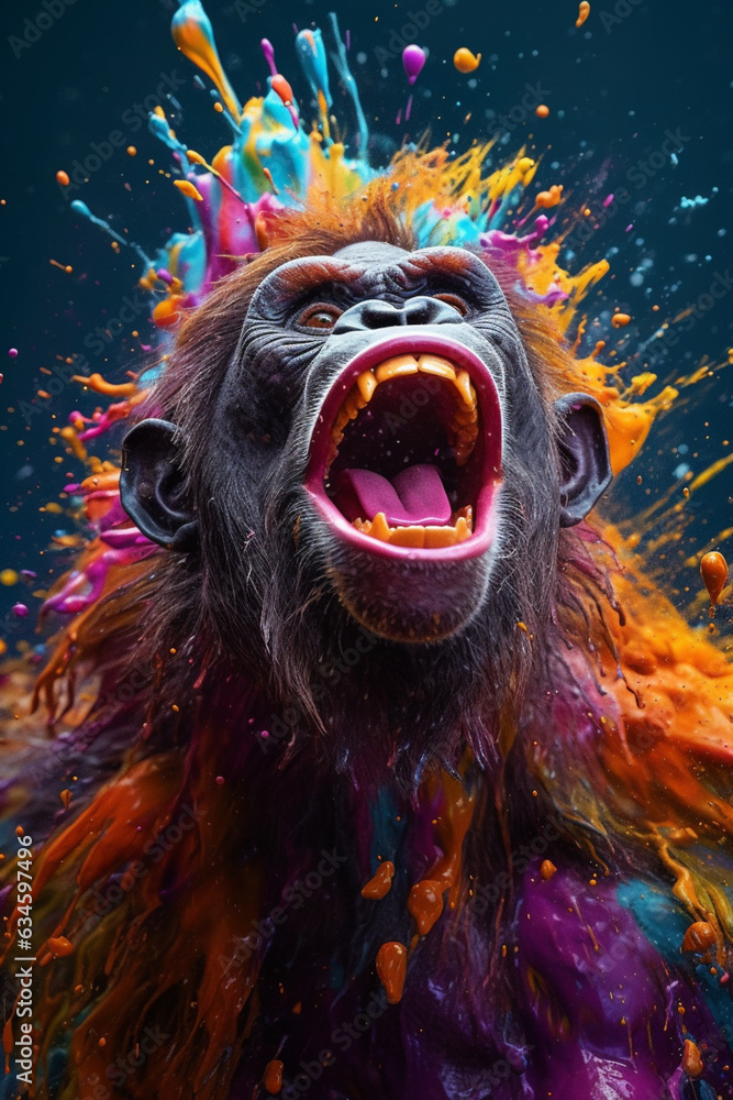 Poster an abstract surreal photograph of a chimpanzee splashed in bright paint, contemporary colors and moo