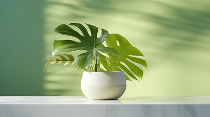 Minimal, modern white counter table, green tropical palm tree in sunlight, leaf shadow on countertop, wall background for luxury fresh organic cosmetic, skincare. Ai Generative