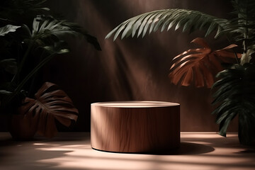 Minimalistic stage with a round wooden podium for advertising. Ai Generative