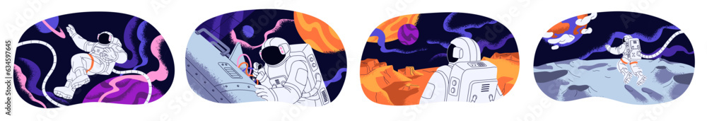 Poster astronauts in outer space set. cosmonauts travel to planets, mars, moon. spacemen in spacesuits expl