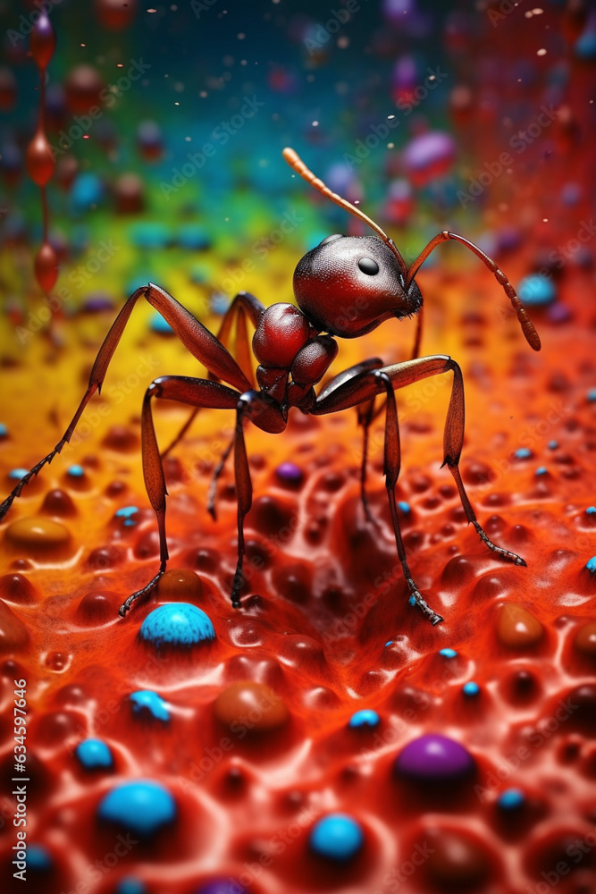 Poster an abstract surreal photograph of a ant splashed in bright paint, contemporary colors and mood socia