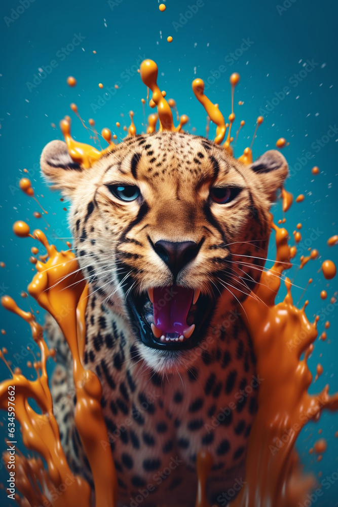 Poster an abstract surreal photograph of a cheetah splashed in bright paint, contemporary colors and mood s