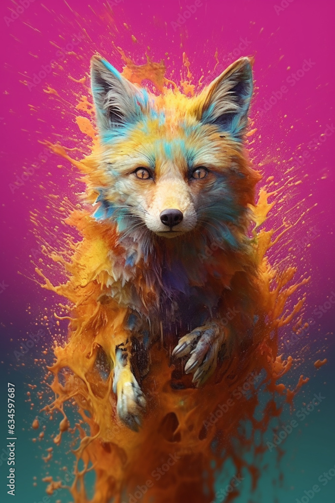 Poster an abstract surreal photograph of a fox splashed in bright paint, contemporary colors and mood socia