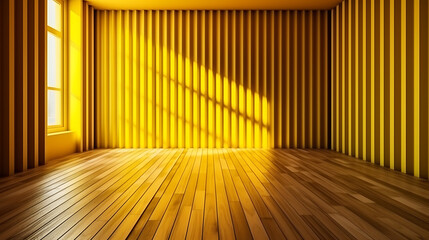 Modern bright vibrant yellow corrugated wall, brown wood parquet floor in sunlight. Ai Generative