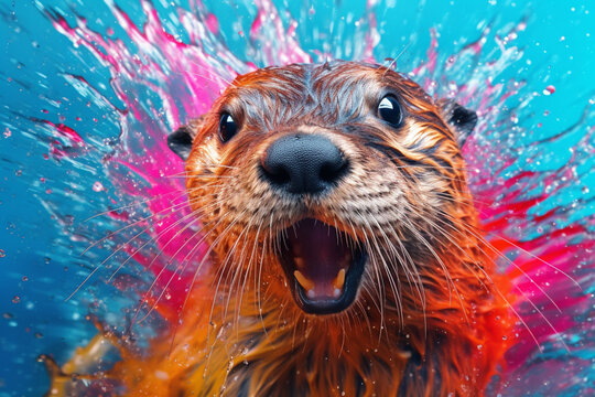  An vibrant photograph of a Otter splashed in bright paint, contemporary colors and mood social background.  Generative AI technology.