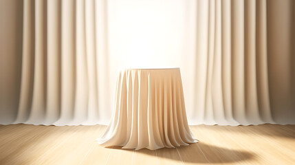 Empty modern round wooden podium side table in soft white blowing drapery curtain drapes in sunlight for luxury cosmetic, skincare, beauty treatment. Ai Generative