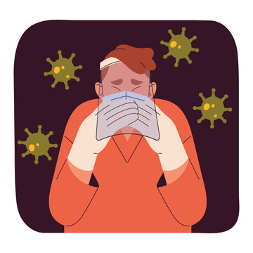 Nosophobia, phobia of illness concept. Sad and fear man in mask and gloves save self from bacteria and virus. Precautions, irrational panic, psychology and mental disorders. Flat vector illustration