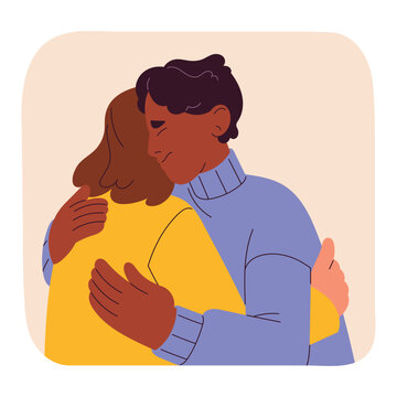 Man hug friend, scared solitude, need company, trust and support, afraid isolation. Autophobia, monophobia, phobia of loneliness concept. Friendship help with mental disorder. Flat vector illustration