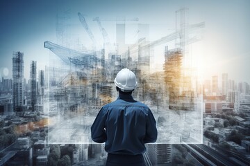 Construction engineer holding blueprint in front of city background. Double exposure effect