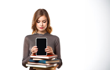 Naklejka premium Woman holding a tablet on a pile of books. E-learning and E-book concept. Isolated on white background.