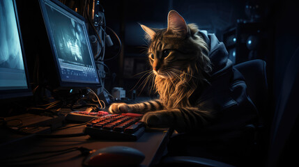 The cat hacker is tapping away at the keyboard and staring at the monitor. Hacker concept. Hacking server site.