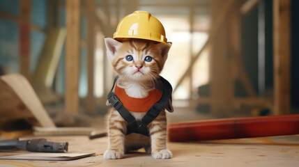 A kitten wearing a construction helmet sits on a light coloured background. Construction concept, recruitment, search for workers. 