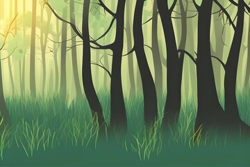 Magical forest covered in mist in the morning light. Digital illustration. Kids Cartoon Backgrounds. Children Story Book illustration. 2d illustration. Generative AI