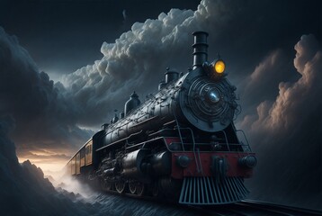 steam train in the mountains and clouds in the fantasy world. - obrazy, fototapety, plakaty