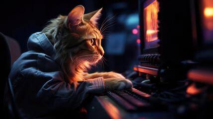 The cat hacker is tapping away at the keyboard and staring at the monitor. Hacker concept. Hacking server site.