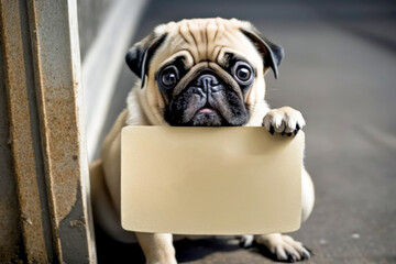 Message from the Dog. The pug puppy is holding a sign for you to write your message on. Generative AI
