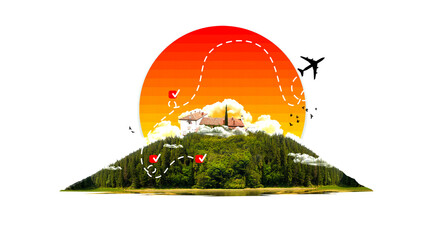Europe travel. Beautiful village and nature landscape. Destination of your dream. Contemporary art collage. Concept of world tourism day, travel, surrealism, joy and fun. Poster, ad. Banner