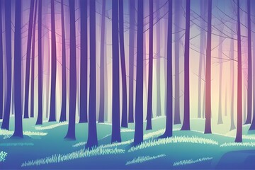 Magical forest covered in mist in the morning light. Digital illustration. Kids Cartoon Backgrounds. Children Story Book illustration. 2d illustration. Generative AI