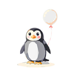 cute penguin with balloon isolated on transparent background, illustration of animal character for decoration greeting cards, invitations, prints, textile or wall art