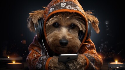 A dog in a sweater with a cell phone in his hand.