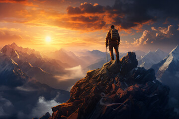 Mountain man on a summit. Strong mountain climber on the summit of a peak watching sunset - Generative AI