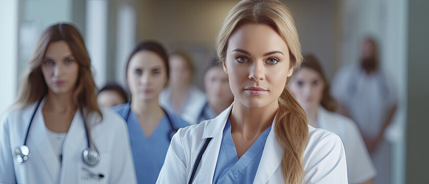 portrait caucasian doctor woman with blured team nurses and assistants