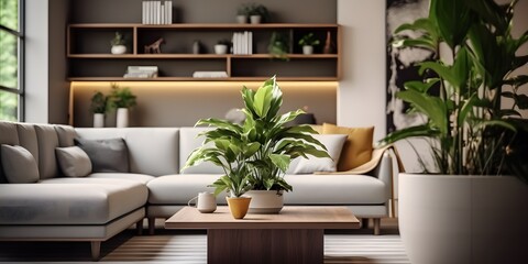 Fototapeta na wymiar modern living room with plant, AI Generative