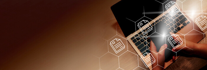  Online documentation database;  document management system concept background on virtual screen.
