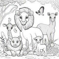 Kids' Animal Escapades: Coloring Book Page with Creatures
