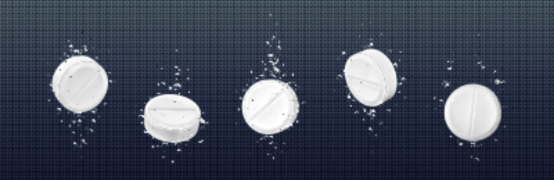 Effervescent aspirin tablet with underwater bubble. Fizzy white medicine vitamin isolated on transparent background. Paracetamol dose sparkling. Pharmaceutical solution from migraine to drink