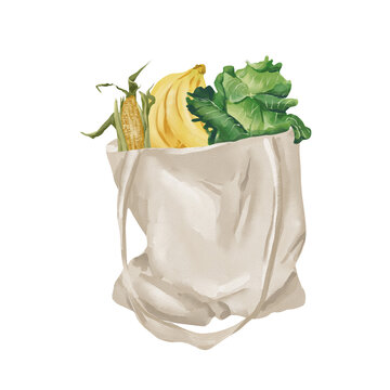 Watercolor eco bag with fruits and veggies. Zero waste kitchen item. Plastic free kitchen