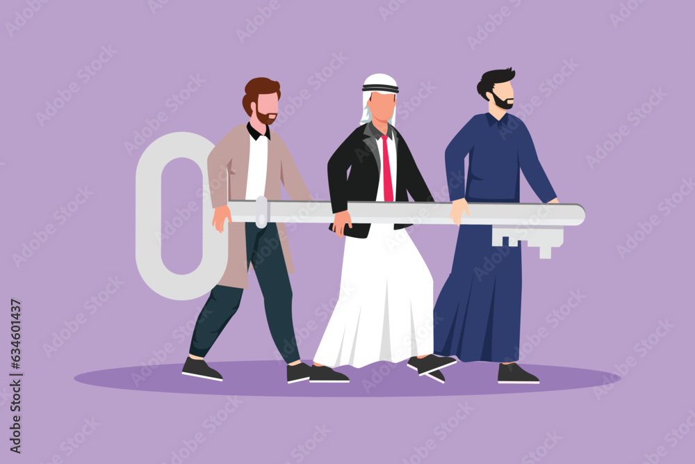 Wall mural character flat drawing problem solving team of business man with key solution concept. arab business