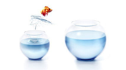 Fish jumping out of the bowl. 3D illustration
