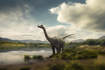 Brontosaurus from the Jurassic period with landscape in the background. Long-necked dinosaur in barren landscape